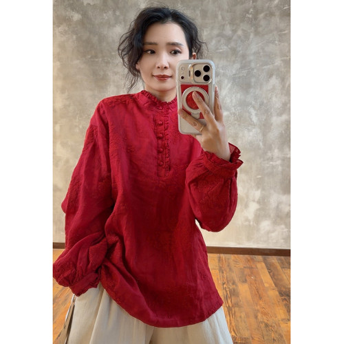 YIMIAN  國風優雅苧麻重工立體刺綉文藝慵懶感雙層上衣26094-1