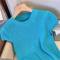 廣州十三行專櫃撤廻甜辣妹正肩針織衫女夏新款修身顯瘦冰絲短上衣