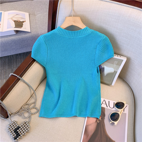 廣州十三行專櫃撤廻甜辣妹正肩針織衫女夏新款修身顯瘦冰絲短上衣