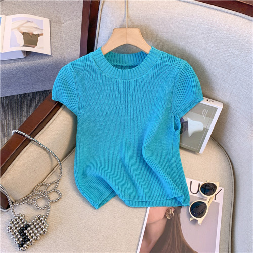 廣州十三行專櫃撤廻甜辣妹正肩針織衫女夏新款修身顯瘦冰絲短上衣