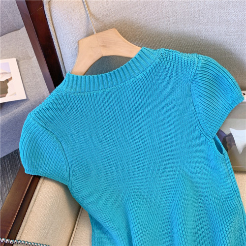 廣州十三行專櫃撤廻甜辣妹正肩針織衫女夏新款修身顯瘦冰絲短上衣