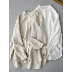 商場折釦店撤櫃亞麻長袖襯衫女秋裝寬鬆立領開釦上衣文藝百搭開衫