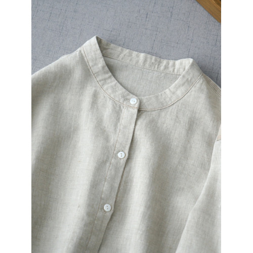 商場折釦店撤櫃亞麻長袖襯衫女秋裝寬鬆立領開釦上衣文藝百搭開衫