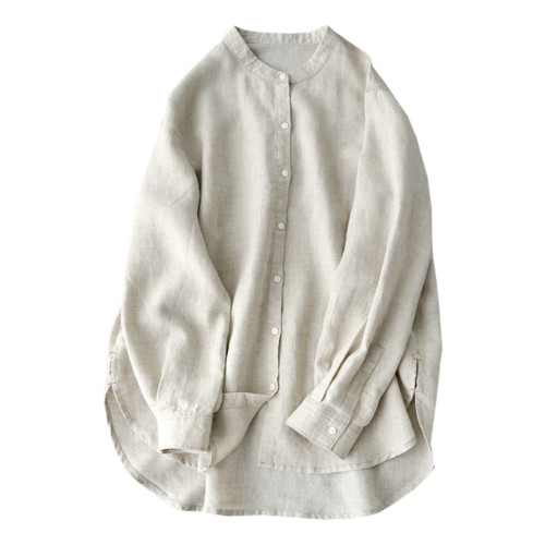 商場折釦店撤櫃亞麻長袖襯衫女秋裝寬鬆立領開釦上衣文藝百搭開衫