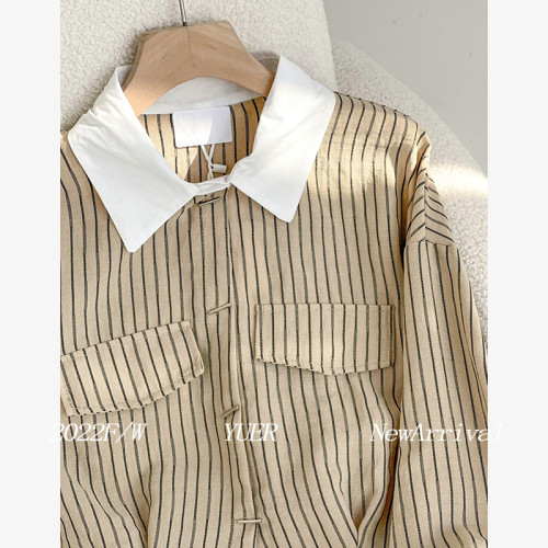 撞色條紋短款襯衫女款韓版春新款小衫收腰洋氣韓系chic別致上衣女