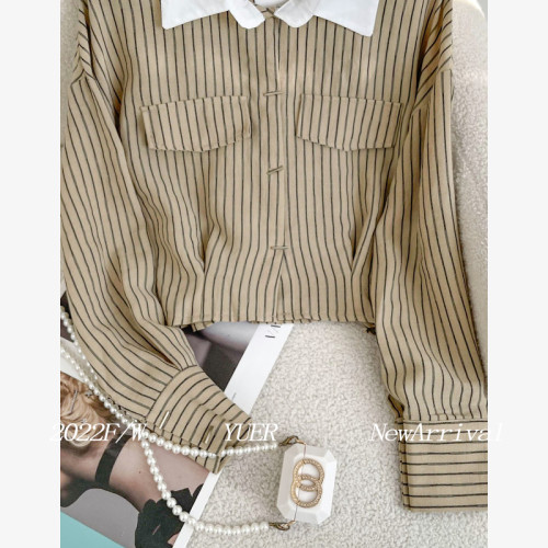 撞色條紋短款襯衫女款韓版春新款小衫收腰洋氣韓系chic別致上衣女