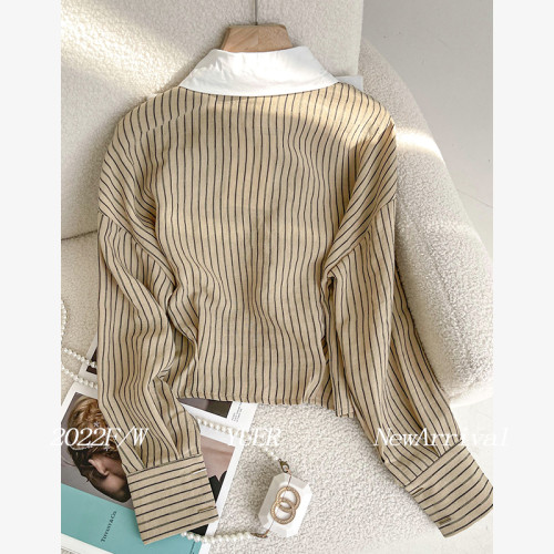 撞色條紋短款襯衫女款韓版春新款小衫收腰洋氣韓系chic別致上衣女