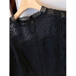 黑色鏤空雪紡長袖襯衫女春秋2025大碼胖mm高級感蕾絲拼接打底上衣