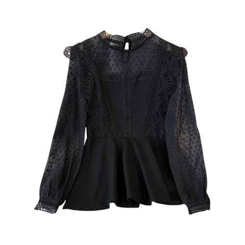 黑色鏤空雪紡長袖襯衫女春秋2025大碼胖mm高級感蕾絲拼接打底上衣