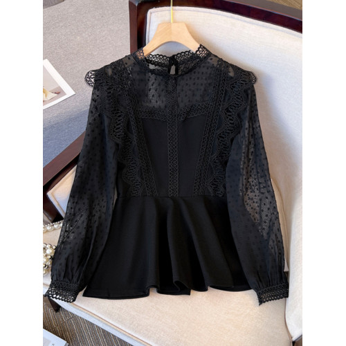 黑色鏤空雪紡長袖襯衫女春秋2025大碼胖mm高級感蕾絲拼接打底上衣