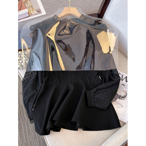 黑色鏤空雪紡長袖襯衫女春秋2025大碼胖mm高級感蕾絲拼接打底上衣