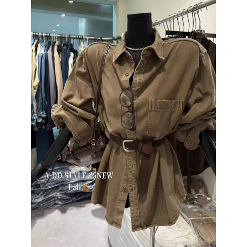 韓國東大門秋季新款港風復古氣質單排釦百搭顯瘦長袖牛仔襯衫上衣