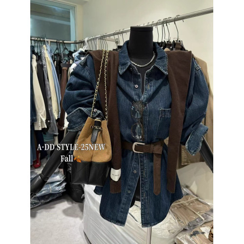 韓國東大門秋季新款港風復古氣質單排釦百搭顯瘦長袖牛仔襯衫上衣