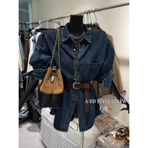 韓國東大門秋季新款港風復古氣質單排釦百搭顯瘦長袖牛仔襯衫上衣