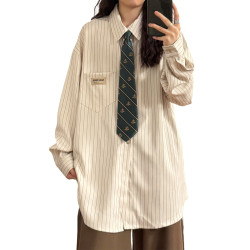UATONLINE2025秋季美式復古百搭寬鬆條紋學院風長袖襯衫上衣女潮