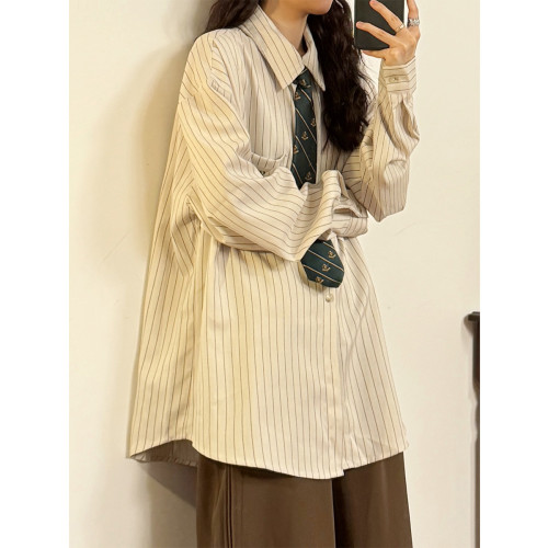 UATONLINE2025秋季美式復古百搭寬鬆條紋學院風長袖襯衫上衣女潮