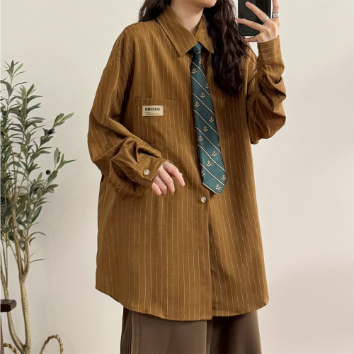 UATONLINE2025秋季美式復古百搭寬鬆條紋學院風長袖襯衫上衣女潮