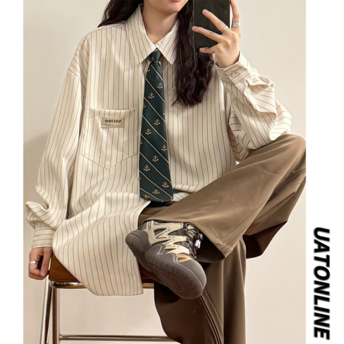 UATONLINE2025秋季美式復古百搭寬鬆條紋學院風長袖襯衫上衣女潮