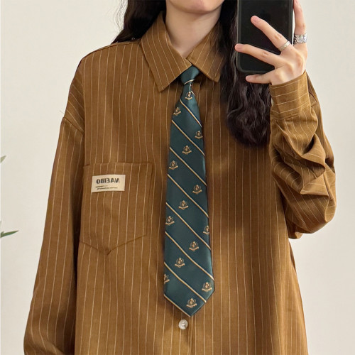 UATONLINE2025秋季美式復古百搭寬鬆條紋學院風長袖襯衫上衣女潮