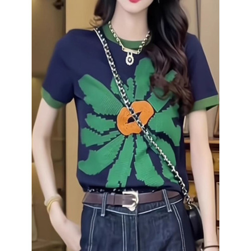 歐貨重工撞色正肩短袖T恤女夏季時尚印花設計感小衆別致純棉上衣