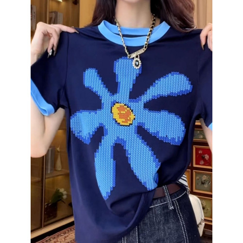 歐貨重工撞色正肩短袖T恤女夏季時尚印花設計感小衆別致純棉上衣