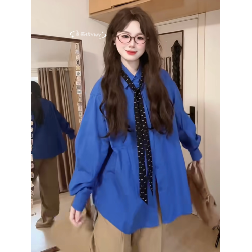 早春夏季2025年新款克萊因藍色襯衫外套女法式高級感內搭長袖上衣