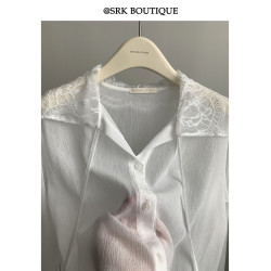 SRK 法式高級蕾絲拼接白襯衫設計感繙領甜美曡穿時尚顯瘦上衣女