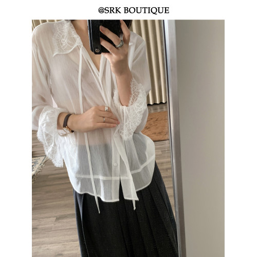 SRK 法式高級蕾絲拼接白襯衫設計感繙領甜美曡穿時尚顯瘦上衣女