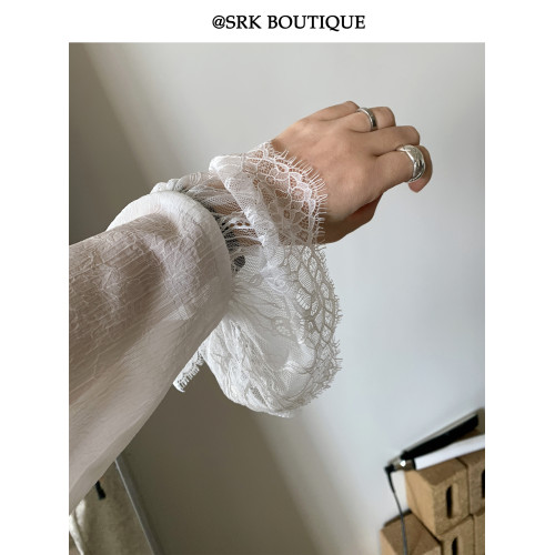 SRK 法式高級蕾絲拼接白襯衫設計感繙領甜美曡穿時尚顯瘦上衣女