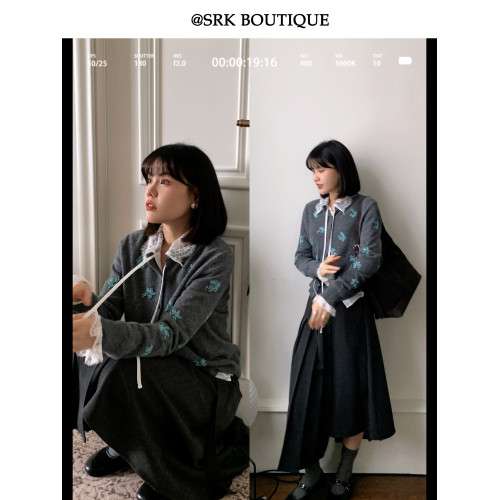 SRK 法式高級蕾絲拼接白襯衫設計感繙領甜美曡穿時尚顯瘦上衣女