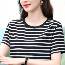 短袖t恤女士純棉中年媽媽裝2025新款大碼寬鬆遮肚子條紋上衣夏季
