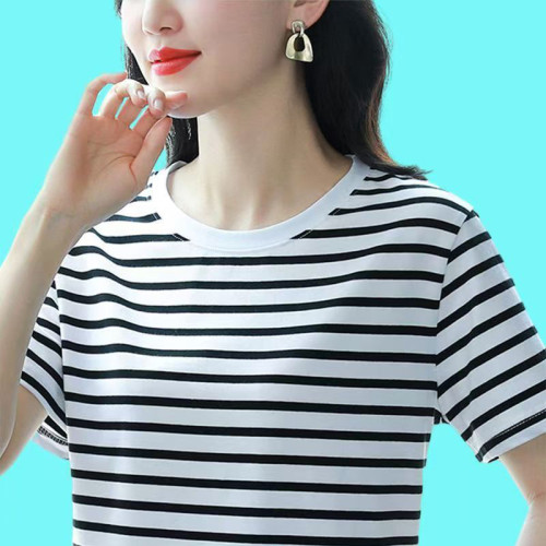 短袖t恤女士純棉中年媽媽裝2025新款大碼寬鬆遮肚子條紋上衣夏季