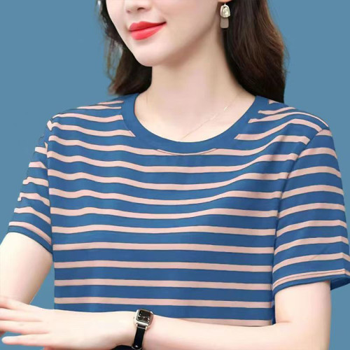 短袖t恤女士純棉中年媽媽裝2025新款大碼寬鬆遮肚子條紋上衣夏季