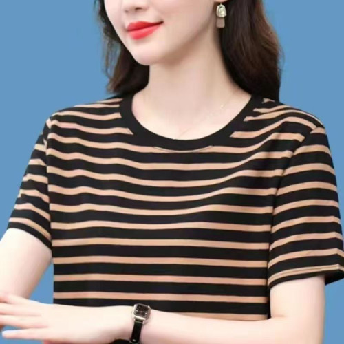 短袖t恤女士純棉中年媽媽裝2025新款大碼寬鬆遮肚子條紋上衣夏季