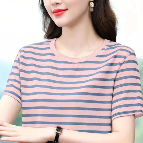 短袖t恤女士純棉中年媽媽裝2025新款大碼寬鬆遮肚子條紋上衣夏季