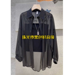 夏季韓版POLO領珠光紗防曬襯衫罩衫女冰感超滑寬鬆顯瘦開衫外套潮