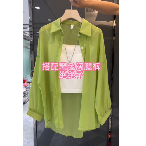 夏季韓版POLO領珠光紗防曬襯衫罩衫女冰感超滑寬鬆顯瘦開衫外套潮