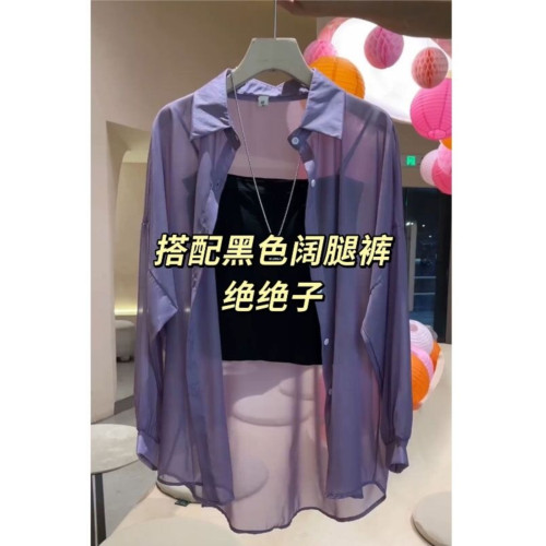 夏季韓版POLO領珠光紗防曬襯衫罩衫女冰感超滑寬鬆顯瘦開衫外套潮