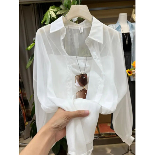 夏季韓版POLO領珠光紗防曬襯衫罩衫女冰感超滑寬鬆顯瘦開衫外套潮