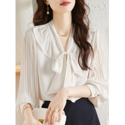 白色雪紡襯衫女長袖法式系帶荷葉邊襯衣春秋季蝴蝶結飄帶面試上衣