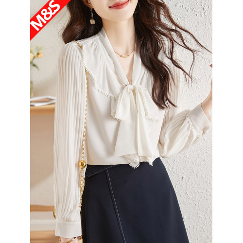 白色雪紡襯衫女長袖法式系帶荷葉邊襯衣春秋季蝴蝶結飄帶面試上衣