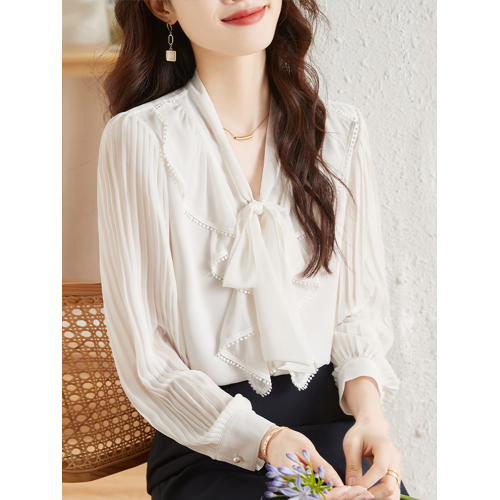 白色雪紡襯衫女長袖法式系帶荷葉邊襯衣春秋季蝴蝶結飄帶面試上衣