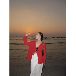 Turn right/陳大腿 美式復古設計感系帶針織開衫高級百搭長袖上衣