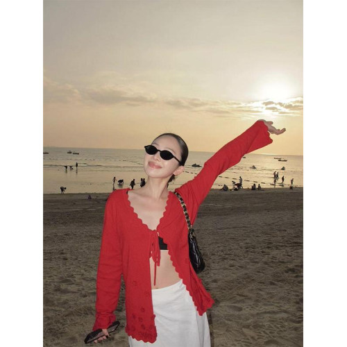 Turn right/陳大腿 美式復古設計感系帶針織開衫高級百搭長袖上衣