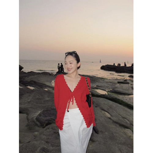 Turn right/陳大腿 美式復古設計感系帶針織開衫高級百搭長袖上衣