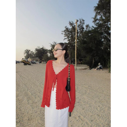 Turn right/陳大腿 美式復古設計感系帶針織開衫高級百搭長袖上衣