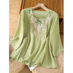 2025新款新中式國風刺綉棉麻襯衫女文藝復古七分袖上衣寬鬆小衫潮