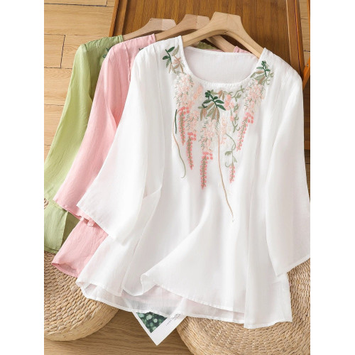 2025新款新中式國風刺綉棉麻襯衫女文藝復古七分袖上衣寬鬆小衫潮