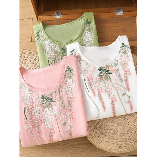 2025新款新中式國風刺綉棉麻襯衫女文藝復古七分袖上衣寬鬆小衫潮