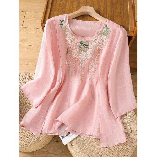 2025新款新中式國風刺綉棉麻襯衫女文藝復古七分袖上衣寬鬆小衫潮